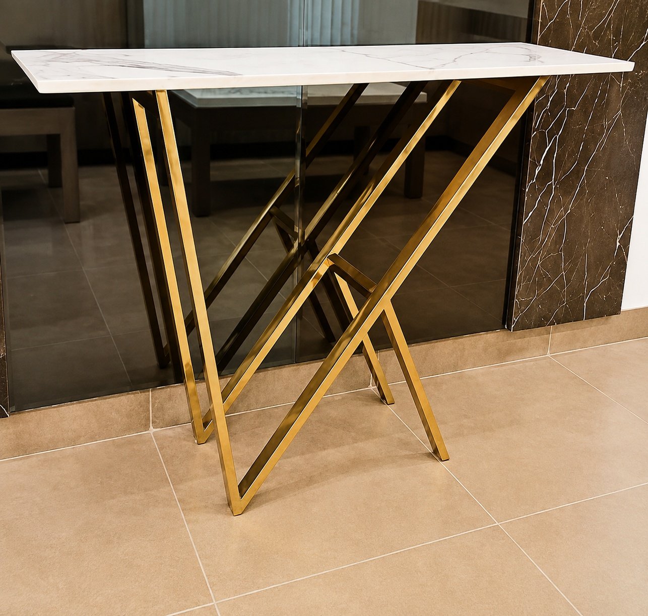 Sculptural Marble Console with Crossed Golden Framework