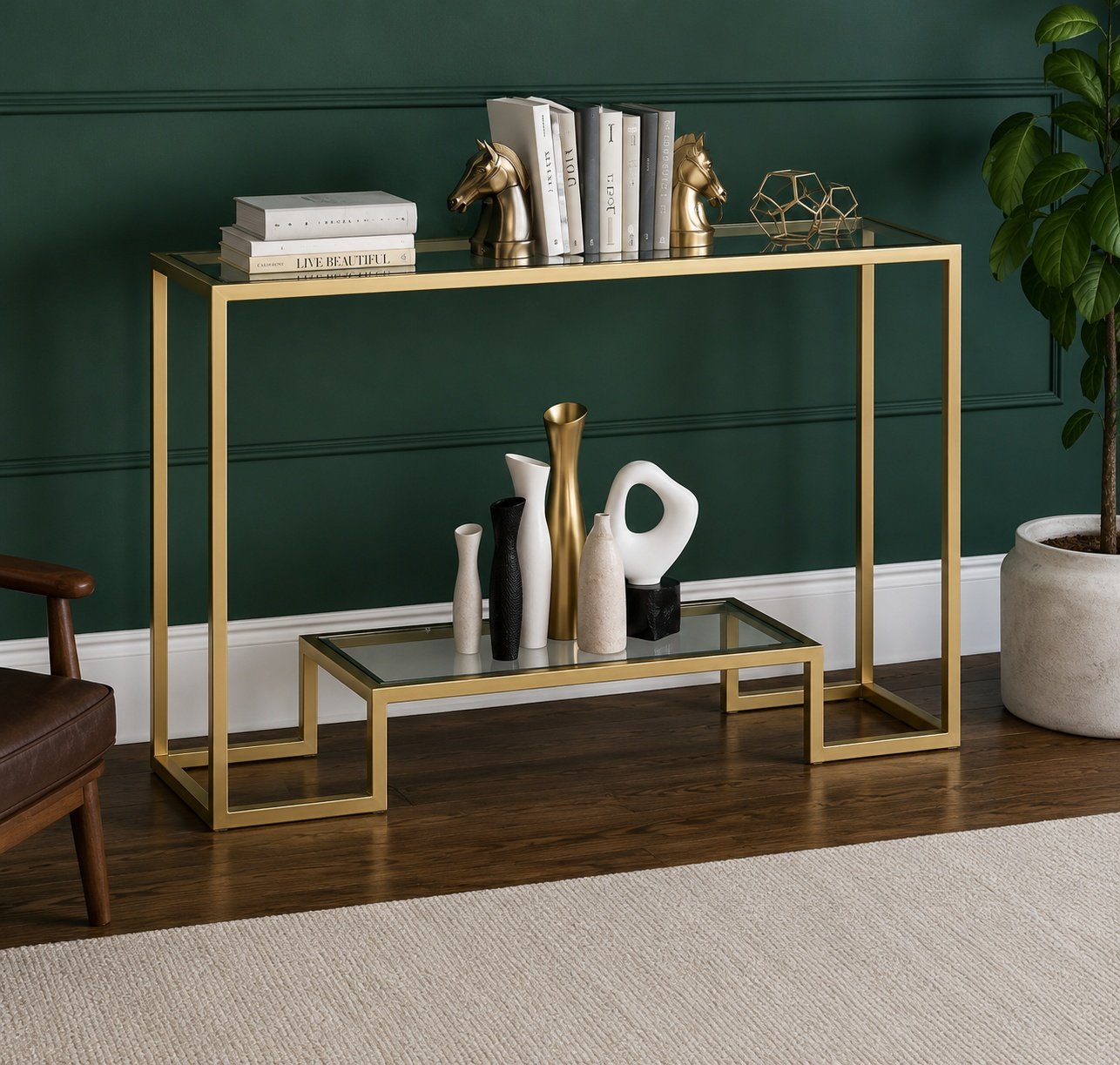 Elegant Glass Console with Layered Geometric Base