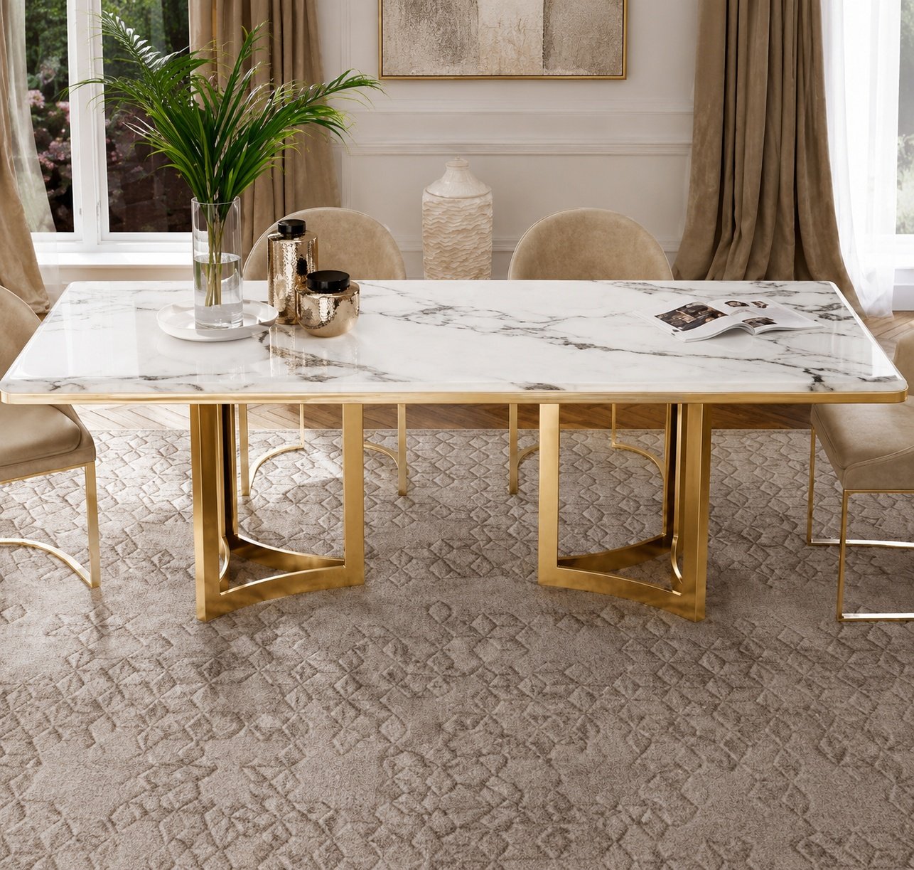 Elegant Marble Dining Table with Curved Gold Base