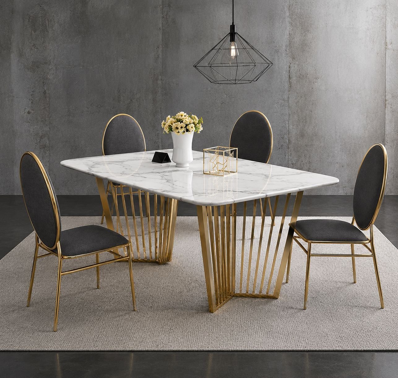 Luxury Marble Dining Table with Vertical Gold Bar Base
