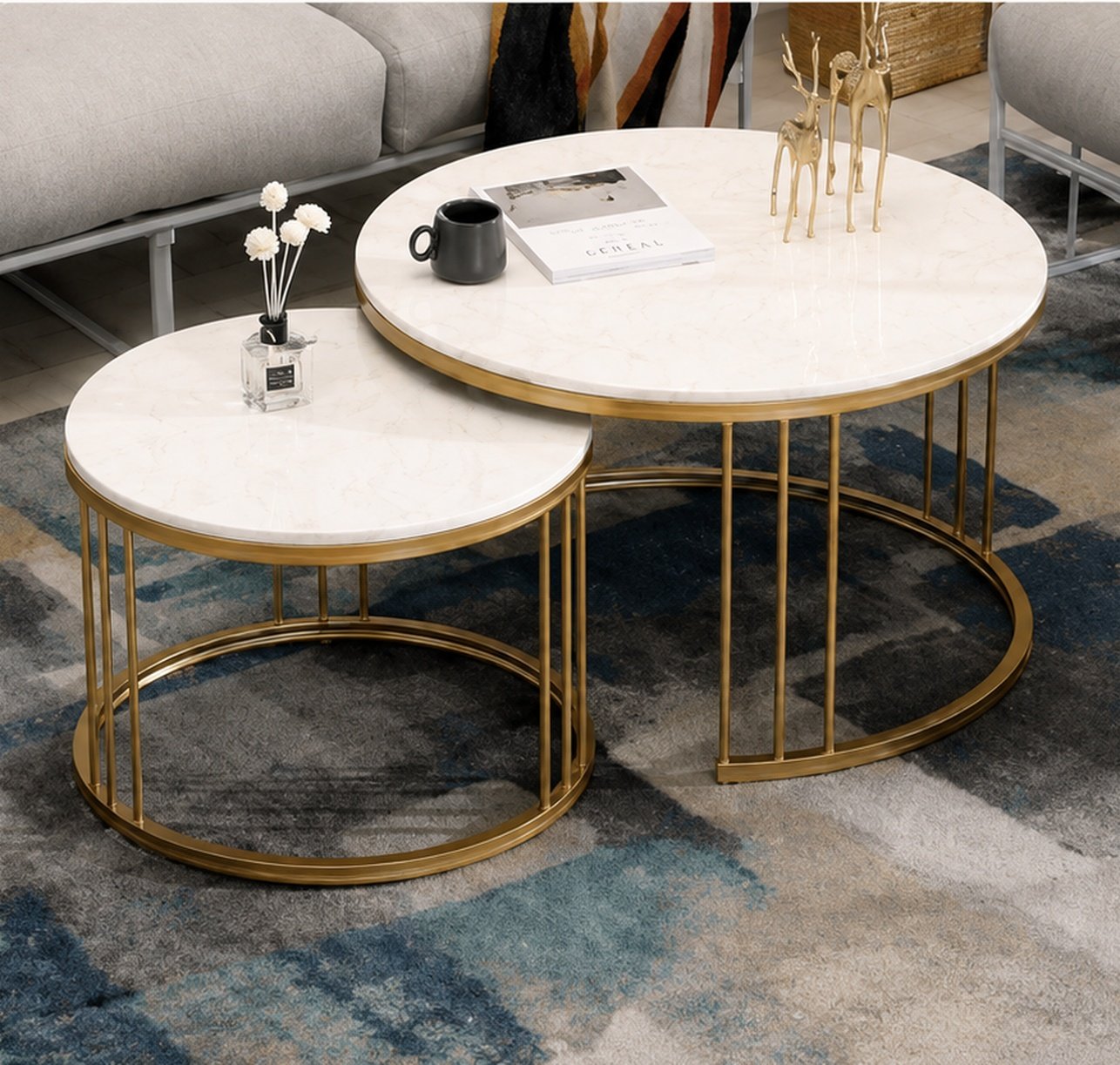 Round Marble Nesting Tables with Golden Frame