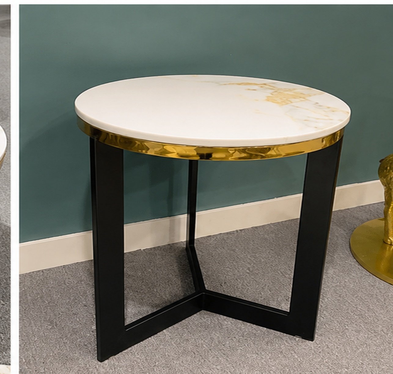Sleek Round Marble Side Table with Black Geometric Base