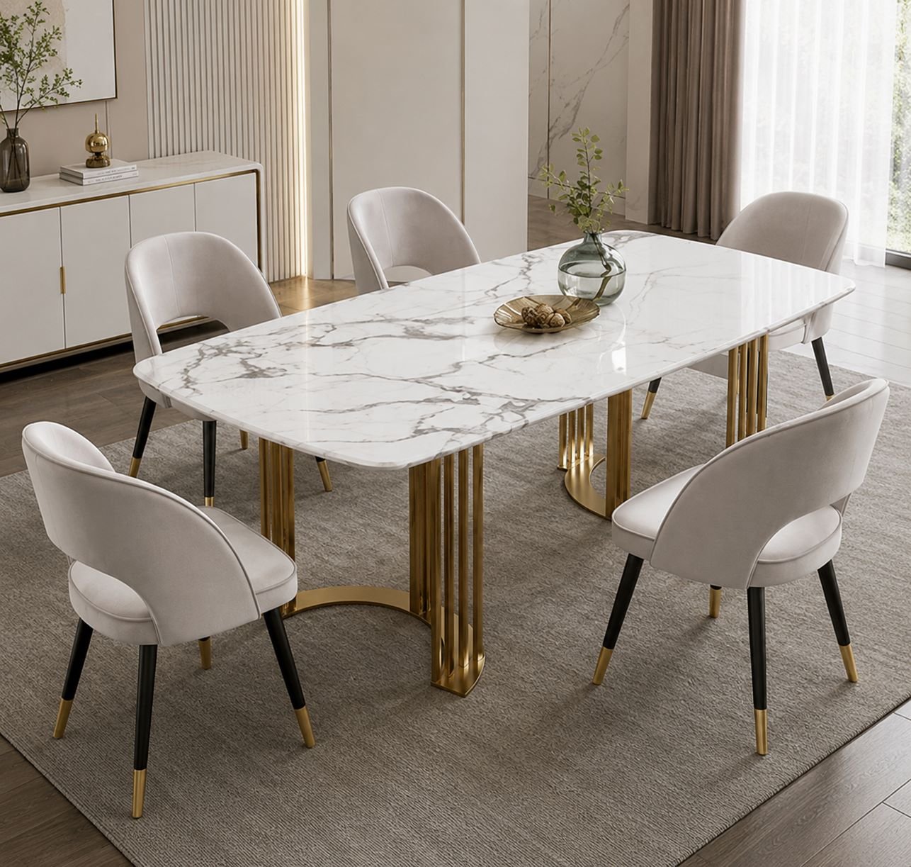 Luxury Marble Dining Table with Gold Stainless Steel Base