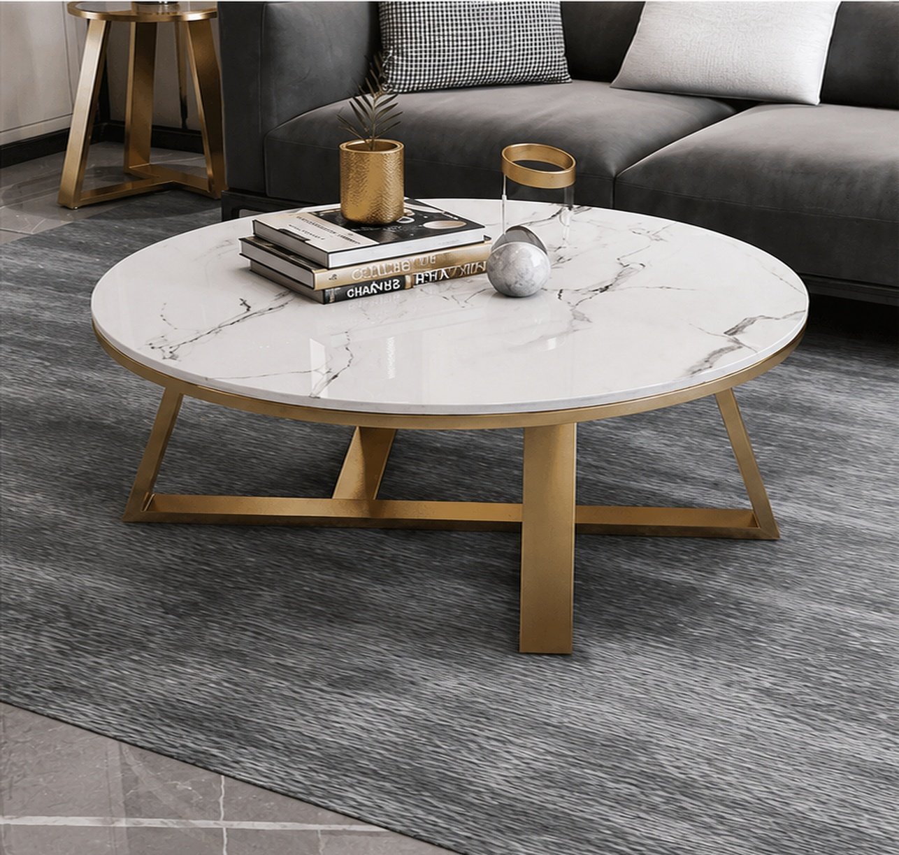 Round Marble Coffee Table with Gold Geometric Base