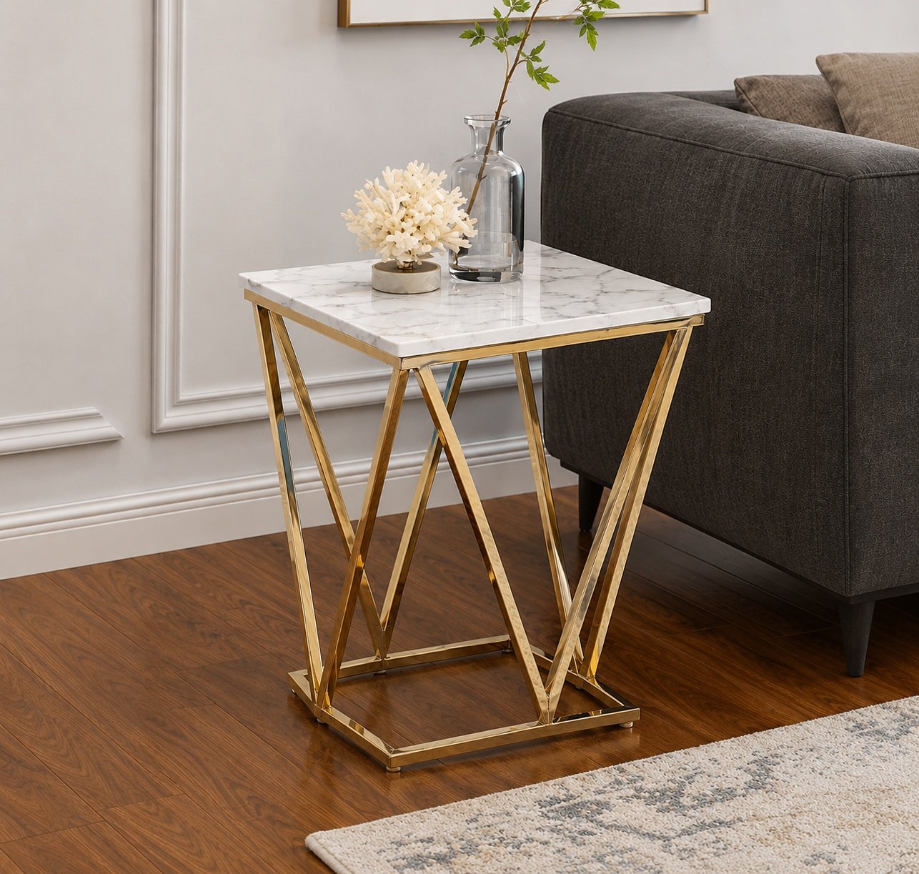 Marble Side Table with Angular Golden Base
