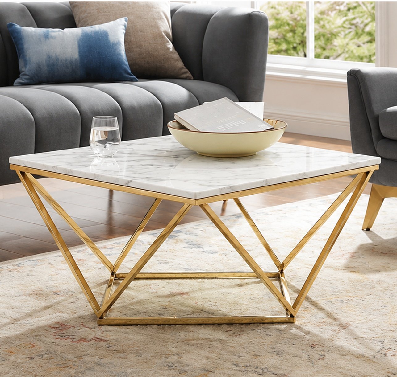 Geometric Marble Coffee Table with Golden Framework
