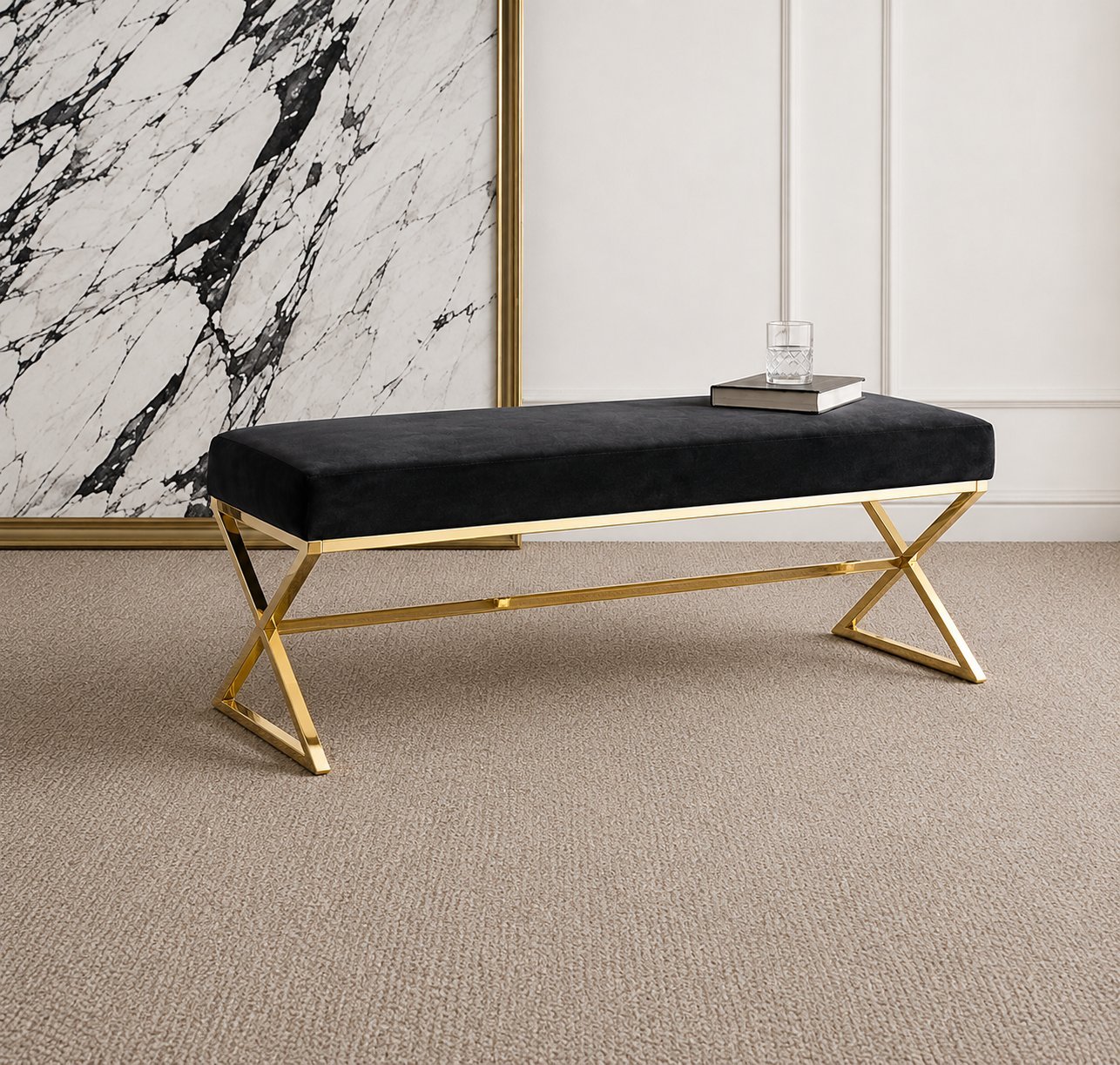 Luxury Upholstered Bench with Geometric Gold Base