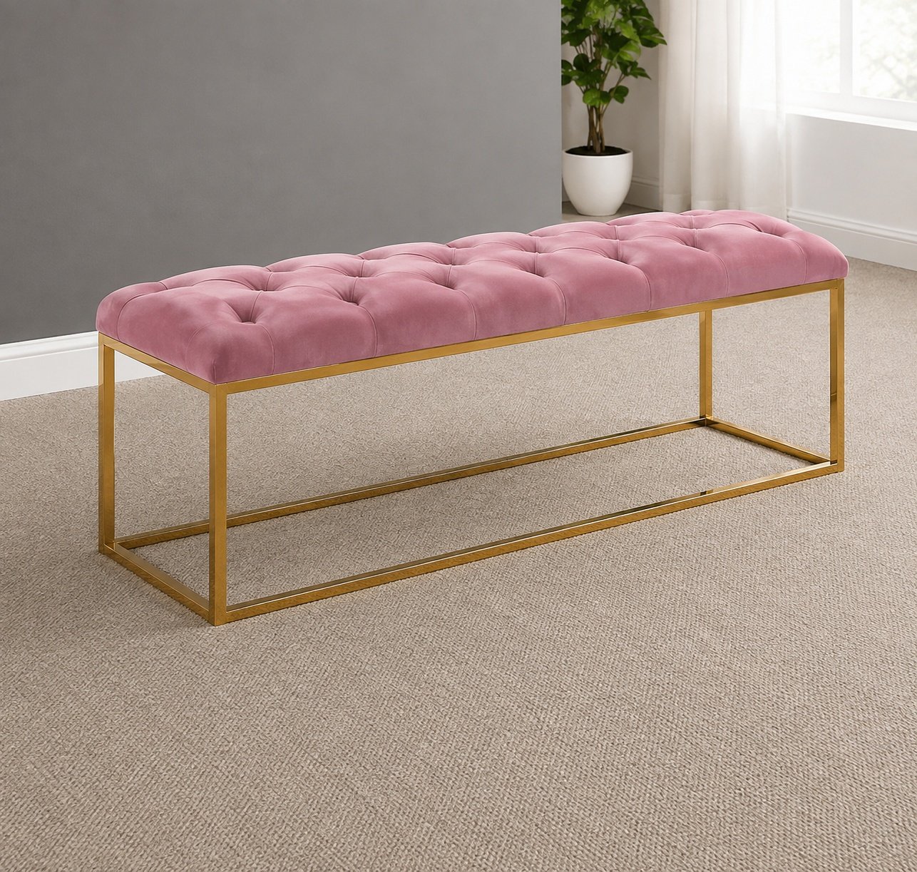 Elegant Tufted Bench with Gold Geometric Frame