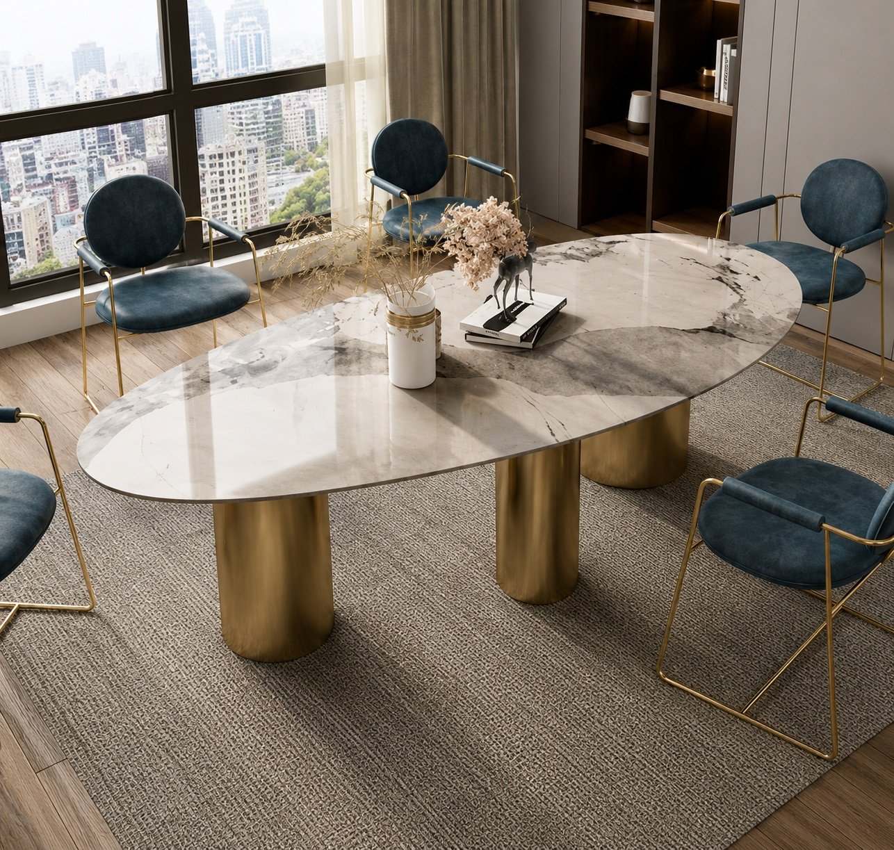 Sculptural Oval Marble Dining Table with Pedestal Base