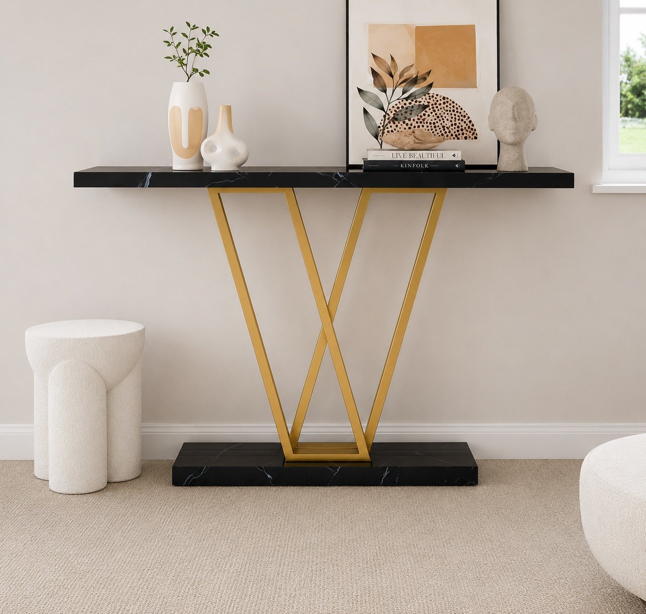 Bold Black Marble Console with Sculptural Base
