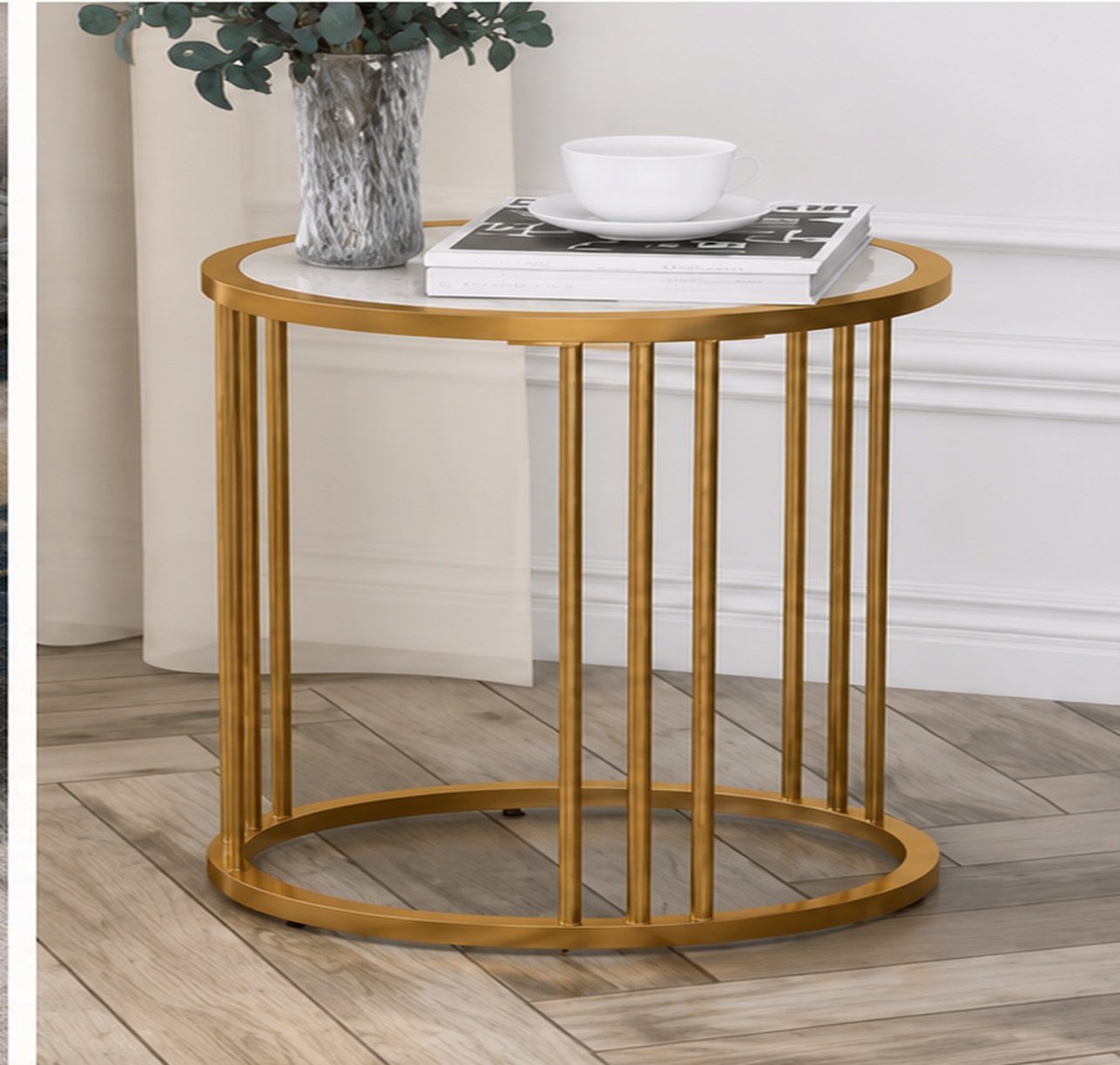 Round Marble Side Table with Golden Slatted Base