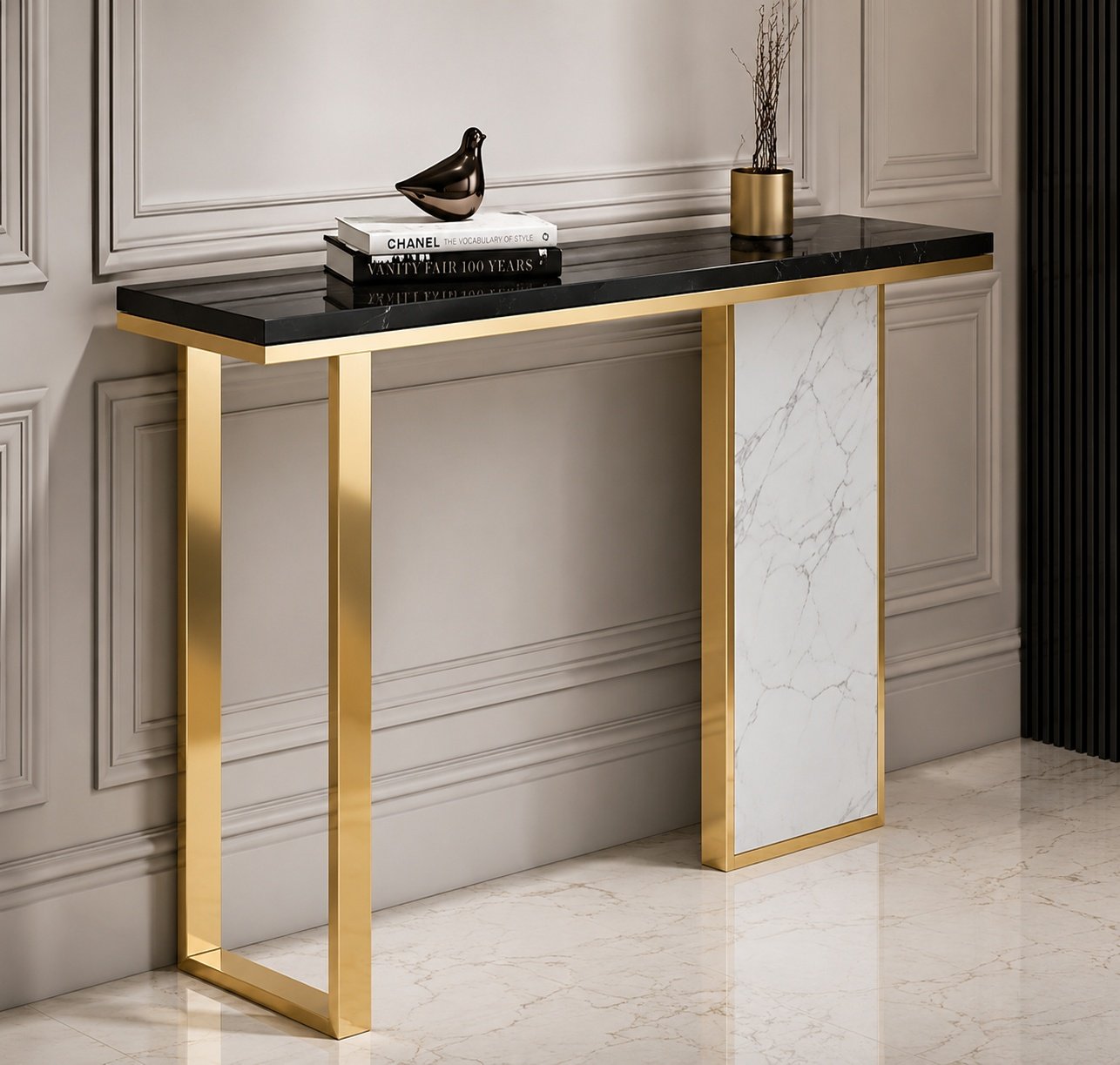 Contemporary Black Marble Console with Golden Frame