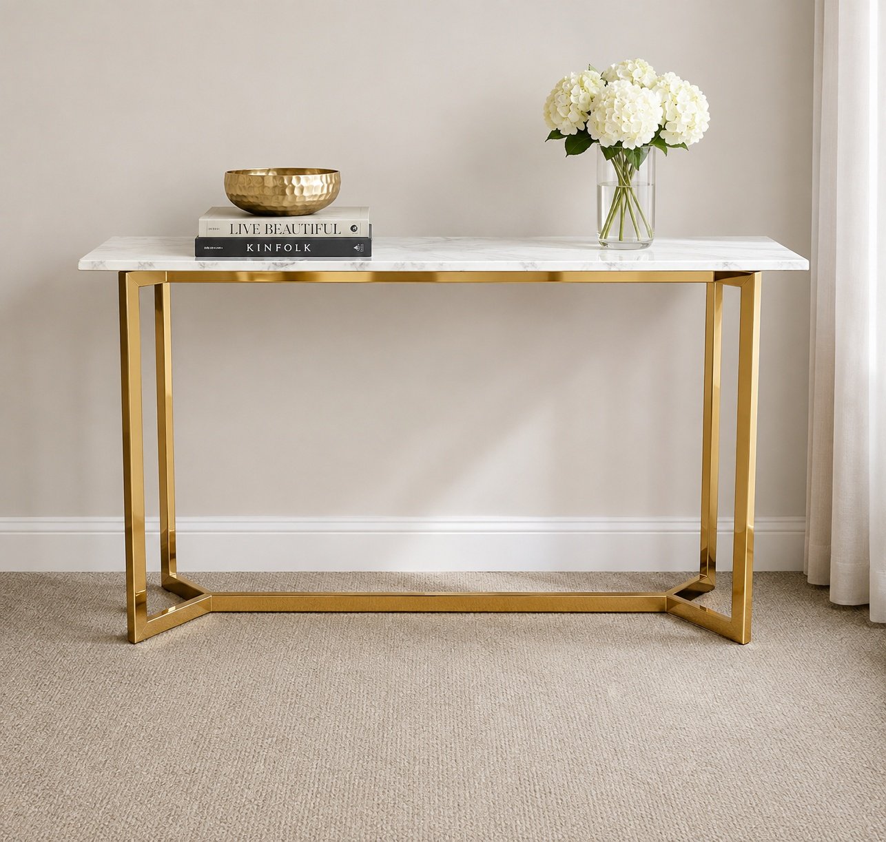 Sleek Marble Console with Contemporary Golden Frame