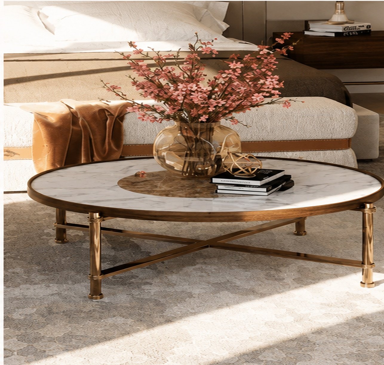 Round Marble Side Table with Sculpted Cross Frame