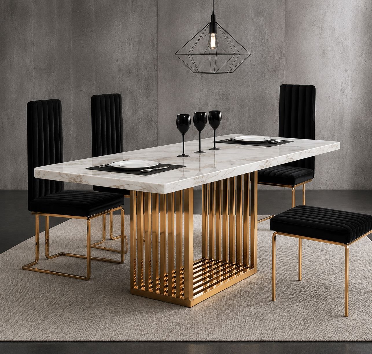Luxury Marble Dining Table with Vertical Gold Bar Base