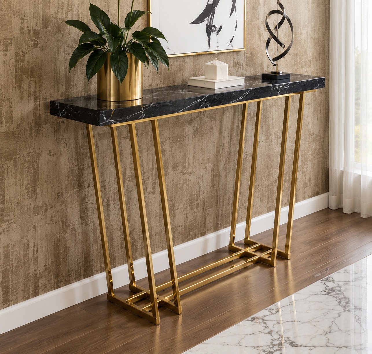 Contemporary Black Marble Console with Slanted Supports