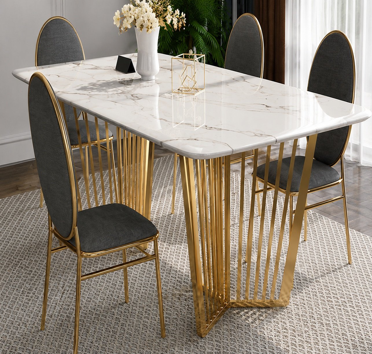 Contemporary Marble Dining Table with Sculptural Golden Base