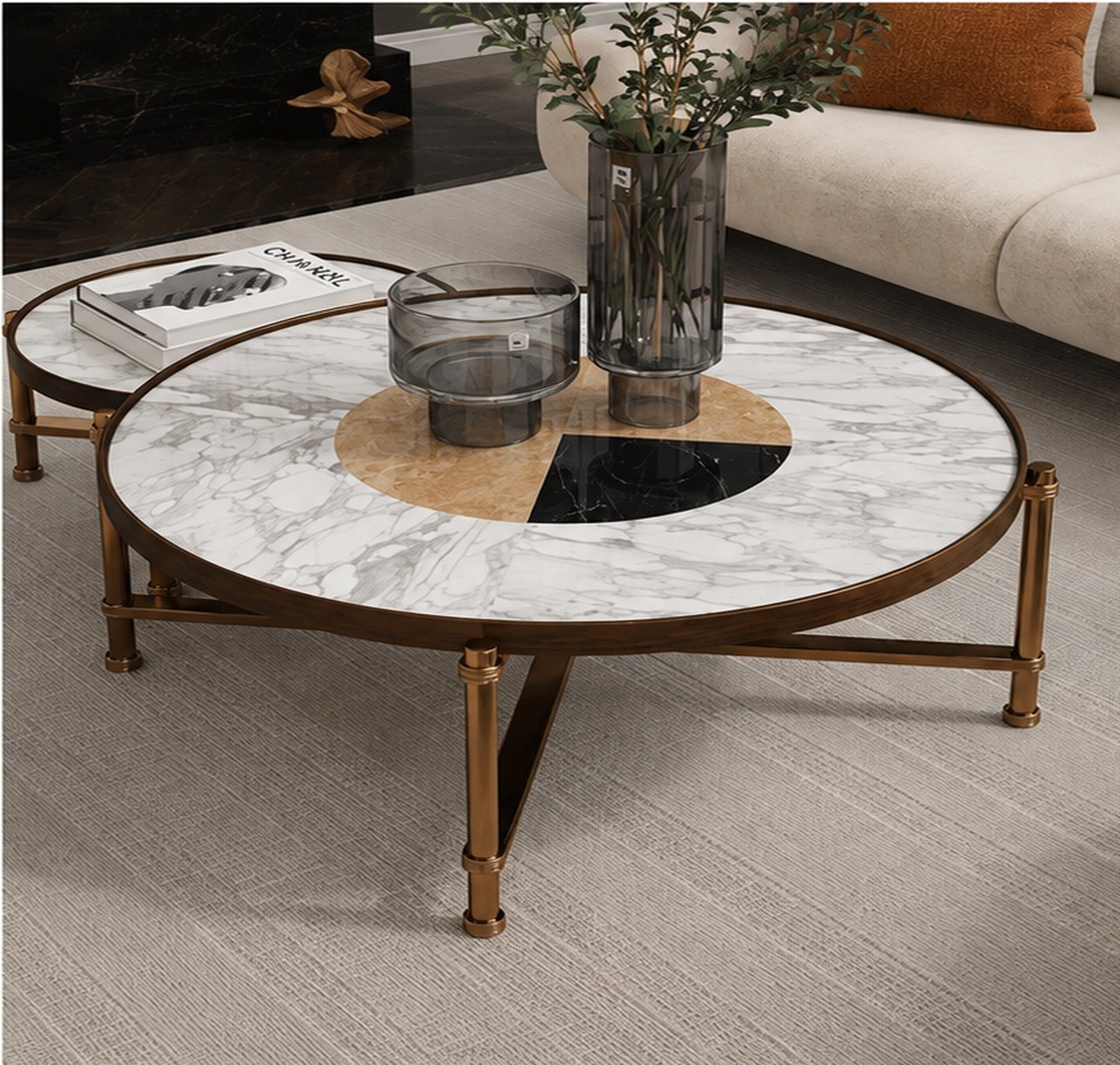 Elegant Round Marble Coffee Table with Cross Base