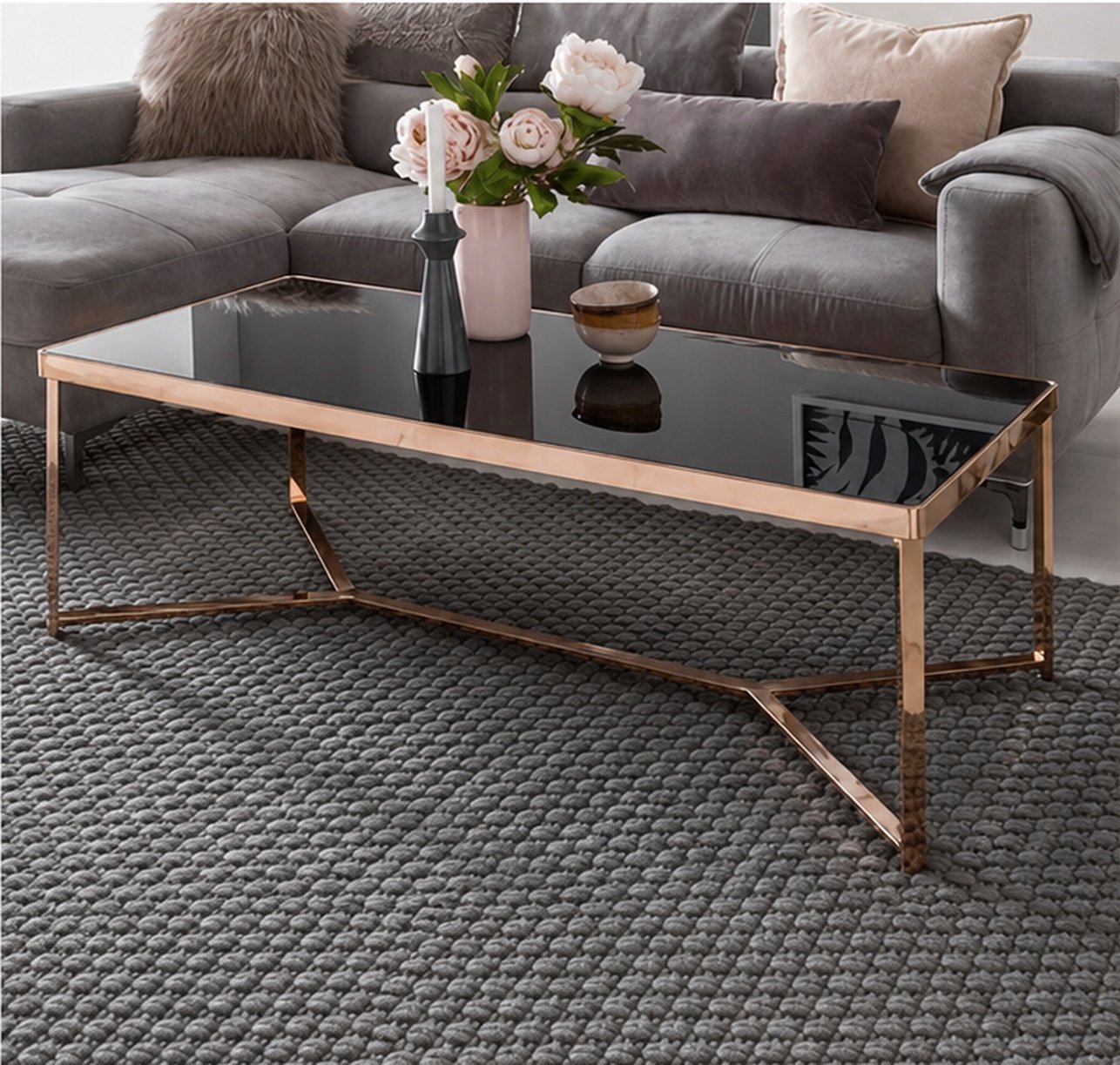 Black Marble Coffee Table with Rose Golden Frame